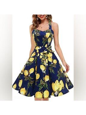 Topdress Vintage lemons Polka Audrey Dress Halter Retro Cocktail Dress XL